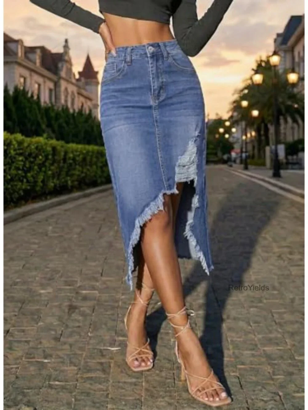 High Waisted Distressed Midi Denim Skirt with Side Slit